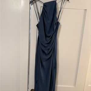 ASTR Front Slit Satin Halter Dress in Steel Blue